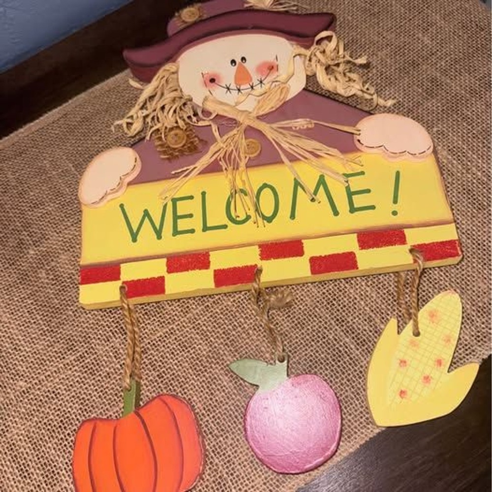 Wooden Scarecrow Welcome Sign Fall Decor Grandmacore Cottagecore